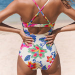 Traje de baño de una pieza slim de corte bajo con control de abdomen, estampado colorblock floral bohemio para vacaciones en la playa